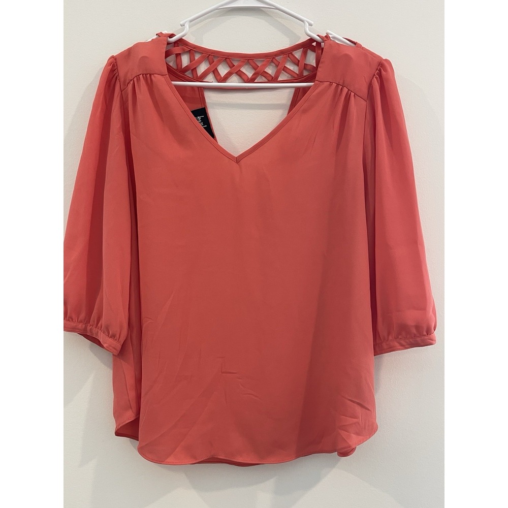 00001 By & By Ladies Medium 3/4 Sleeve‎ Top in Orange with V Neck Front & Back